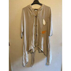 Cataldi Lagon Look Art To Wear Natural Linen Elongated Hooded Appliqued Cardigan